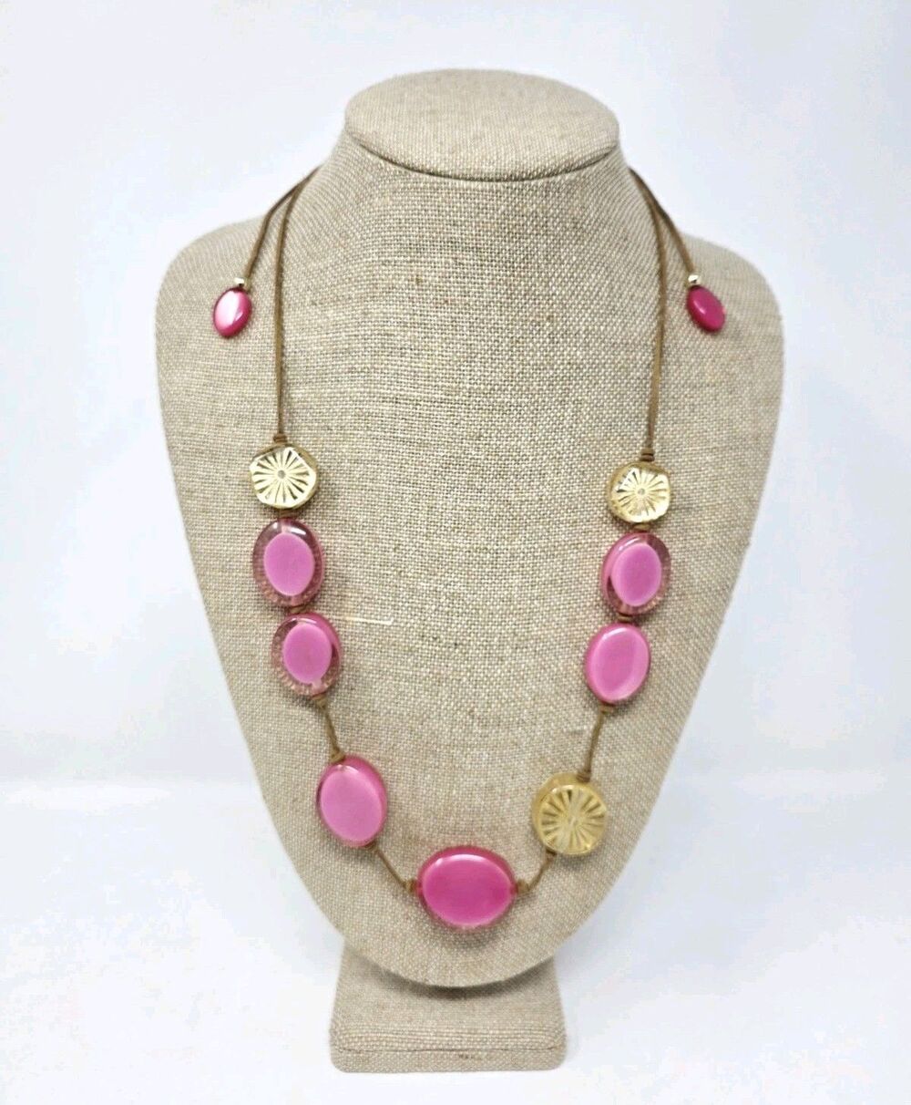 Chico's Original Chunky Pink Glass Beaded Adjustable Suede Cord Necklace 15-40"